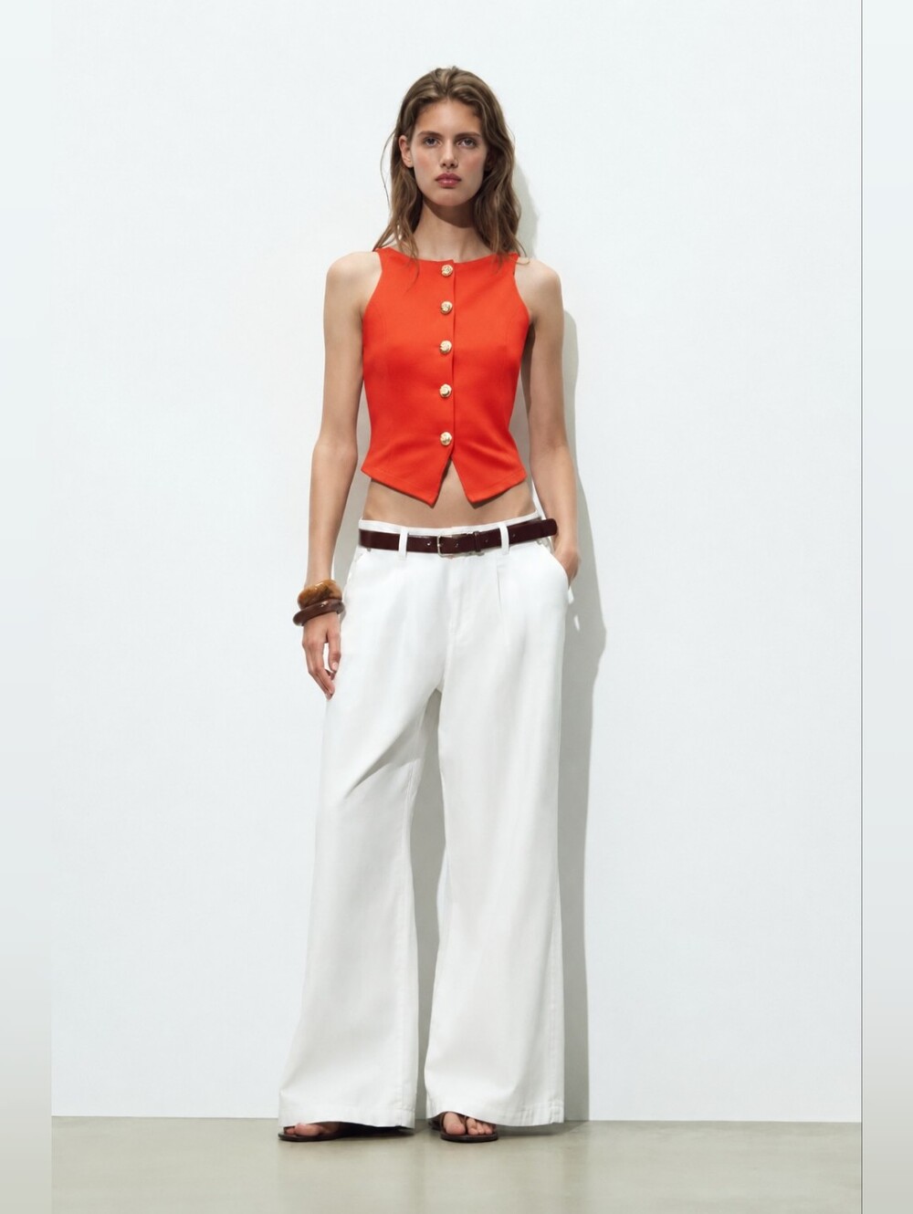 Zara Size M Vibrant Red Sleeveless Gold Button Down Front Blouse